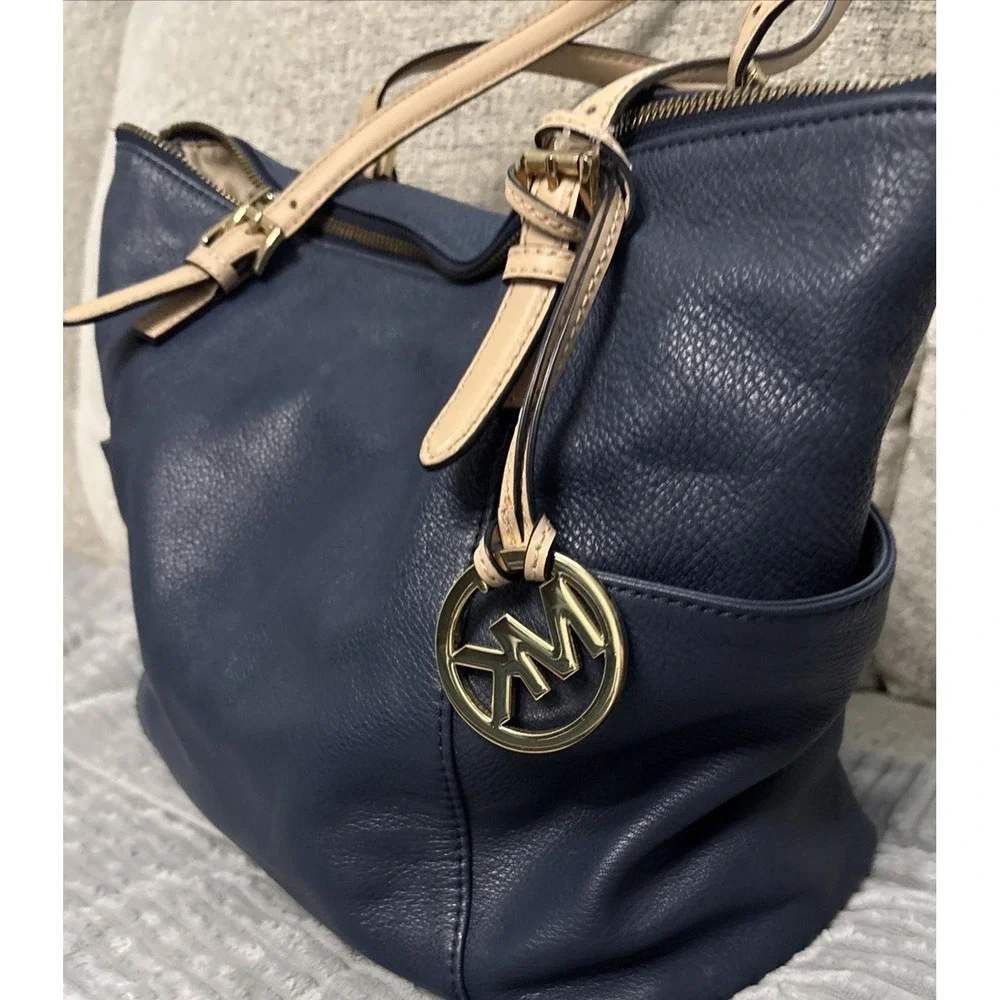 Michael Kors Navy Zip Top Tote Bag Gold Hardware w/ MK Charm Lined Pockets